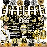 Zirtorei 60th Birthday Decorations for Men Women, 21pcs the Year 1966 Banner Balloon Party Supplies, Black Gold 60 Year Old Birthday Backdrop, 60 Bday Honeycomb Centerpiece Hanging Swirls Sash Gifts