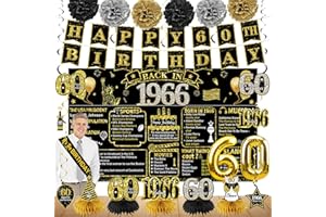Zirtorei 60th Birthday Decorations for Men Women, 21pcs the Year 1966 Banner Balloon Party Supplies, Black Gold 60 Year Old Birthday Backdrop, 60 Bday Honeycomb Centerpiece Hanging Swirls Sash Gifts