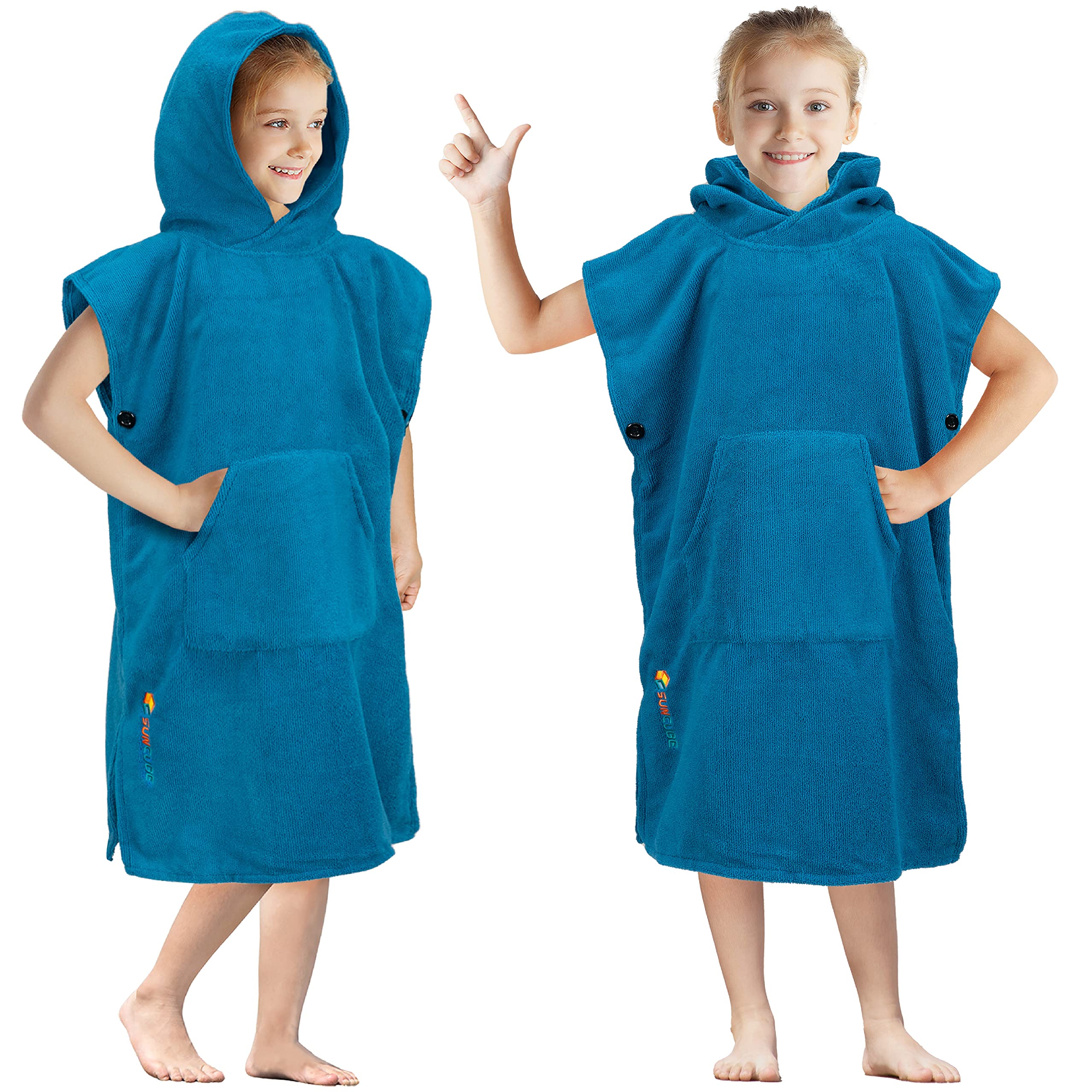 Photo 1 of SUN CUBE Kids Changing Robe Surf Poncho, Kids Beach Towels, Hooded Towel for Teens Bath Pool, Microfiber Quick Dry Wearable Towel Poncho with Hood, Swim Towel for Girls 8-12 Years, Teal Sea Blue