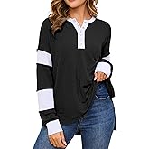 XNC Oversized Long Sleeve Shirts for Women Color Block Button Henley Neck Tunic Tops Casual Loose Tshirts Outfits