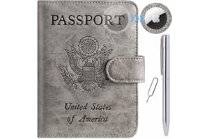 PASCACOO Airtag Passport Holder Cover Wallet RFID Blocking Leather Case Travel Essentials Luggage Accessories Travel Must Have(118#Grey)