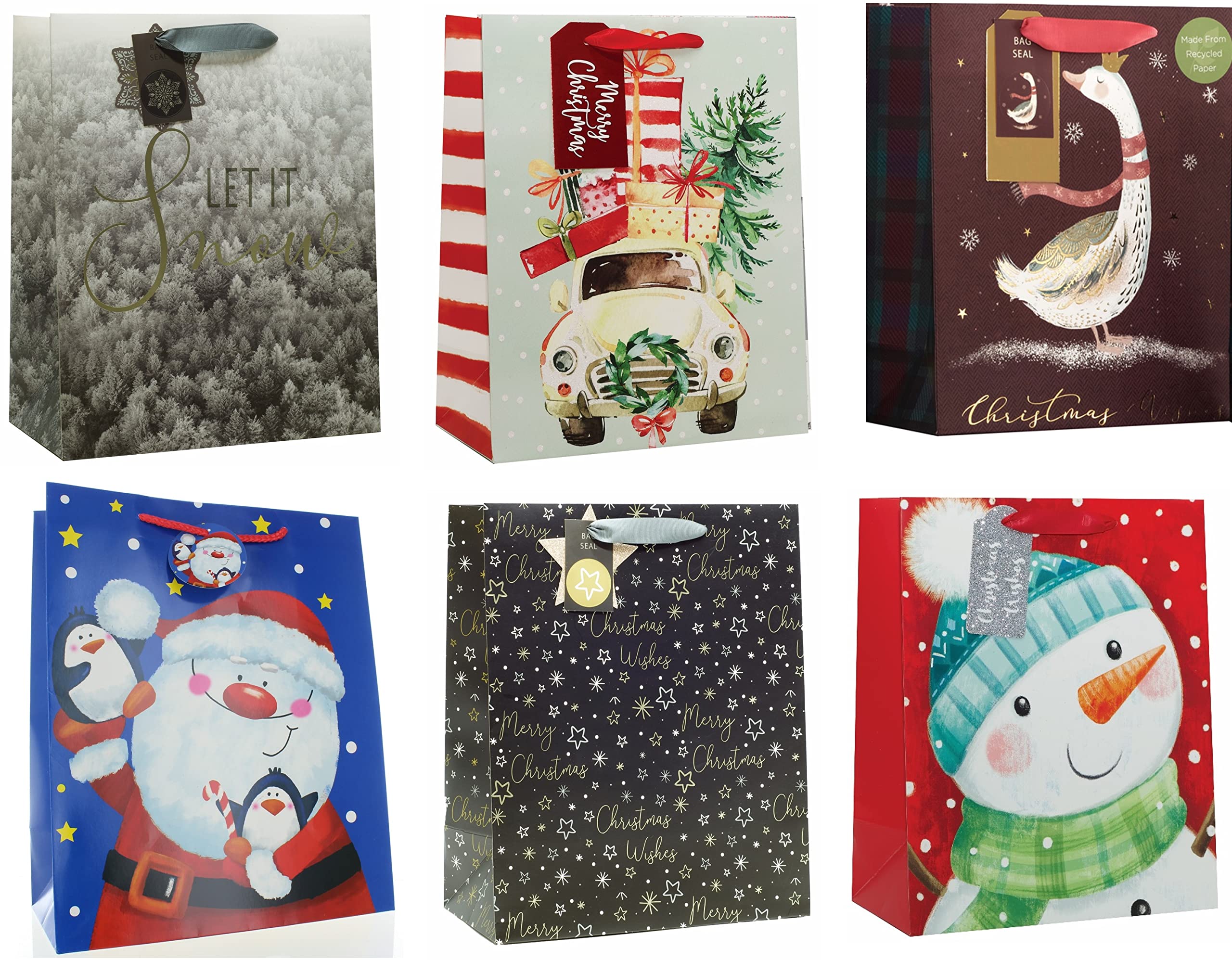 Set of 6 Large Bags with Rope Handle & Tag Mixed Designs - Pack A 33x26cm