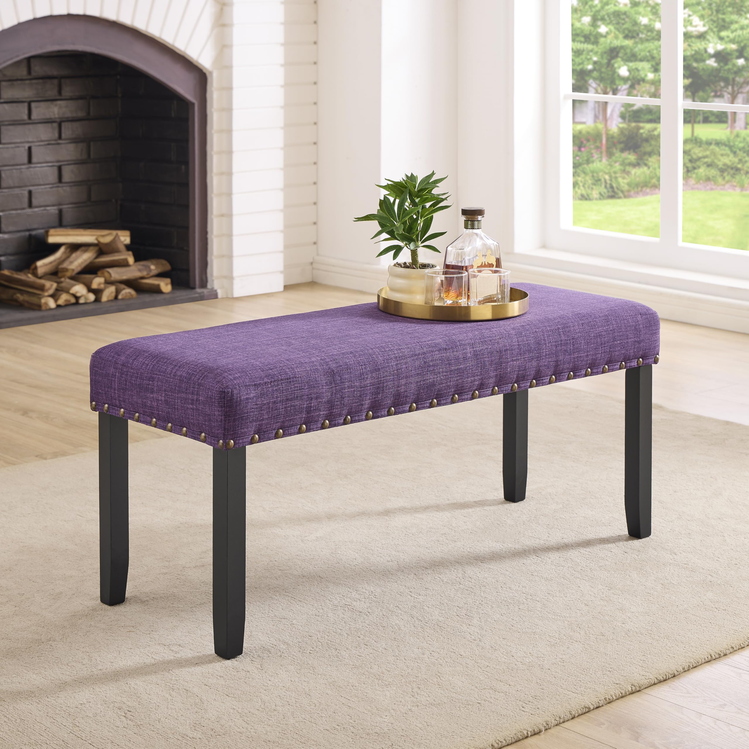 Roundhill Furniture Biony Fabric Dining Bench with Nailhead Trim, Purple Image