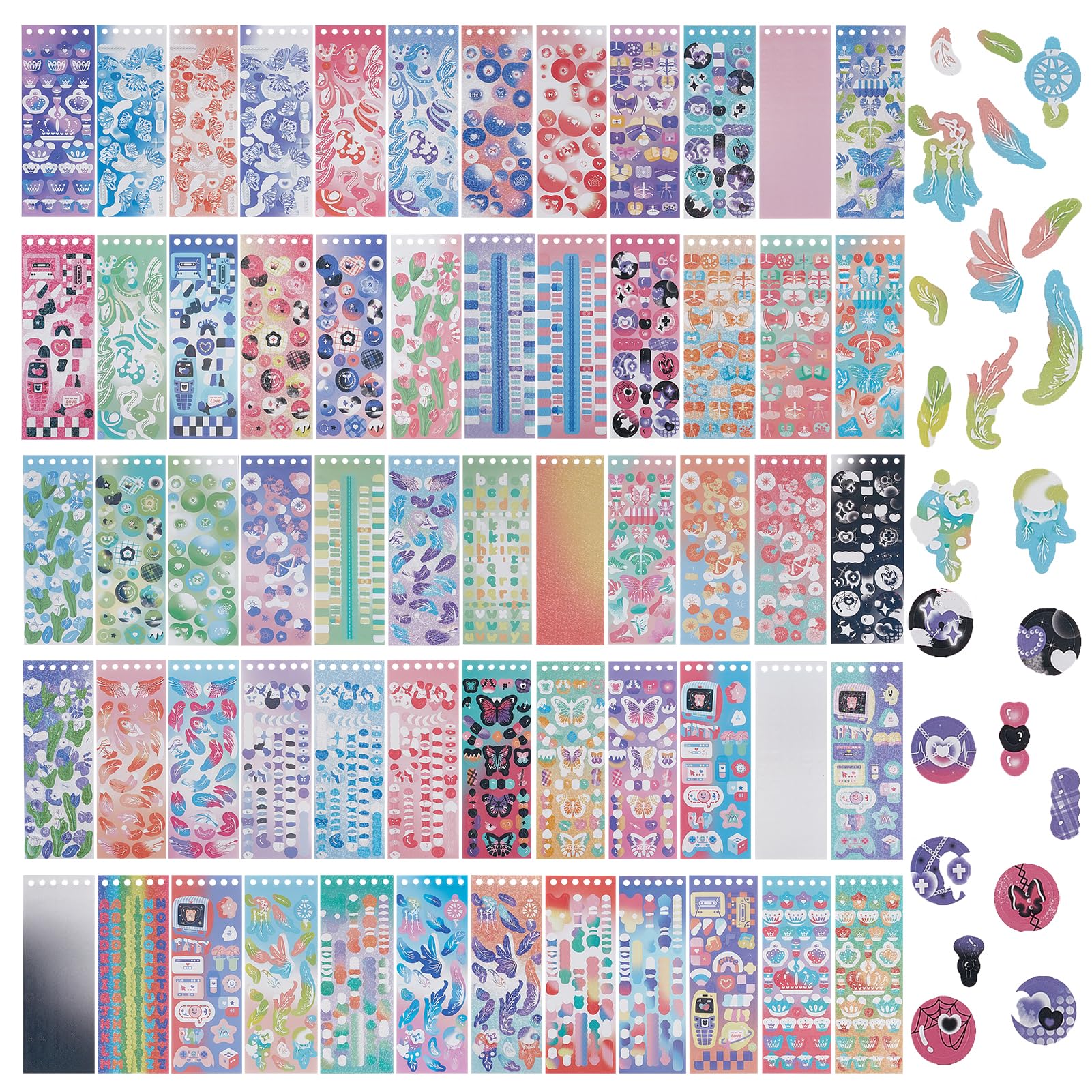 NICENEEDED 60 Sheets Colorful Kpop Deco Stickers, Cute Korean Sticker, Butterfly Rose Bubble Decorative Decals Alphabet Chain Scrapbook Stickers for Scrapbooking Photocard Binder Album Card Craft