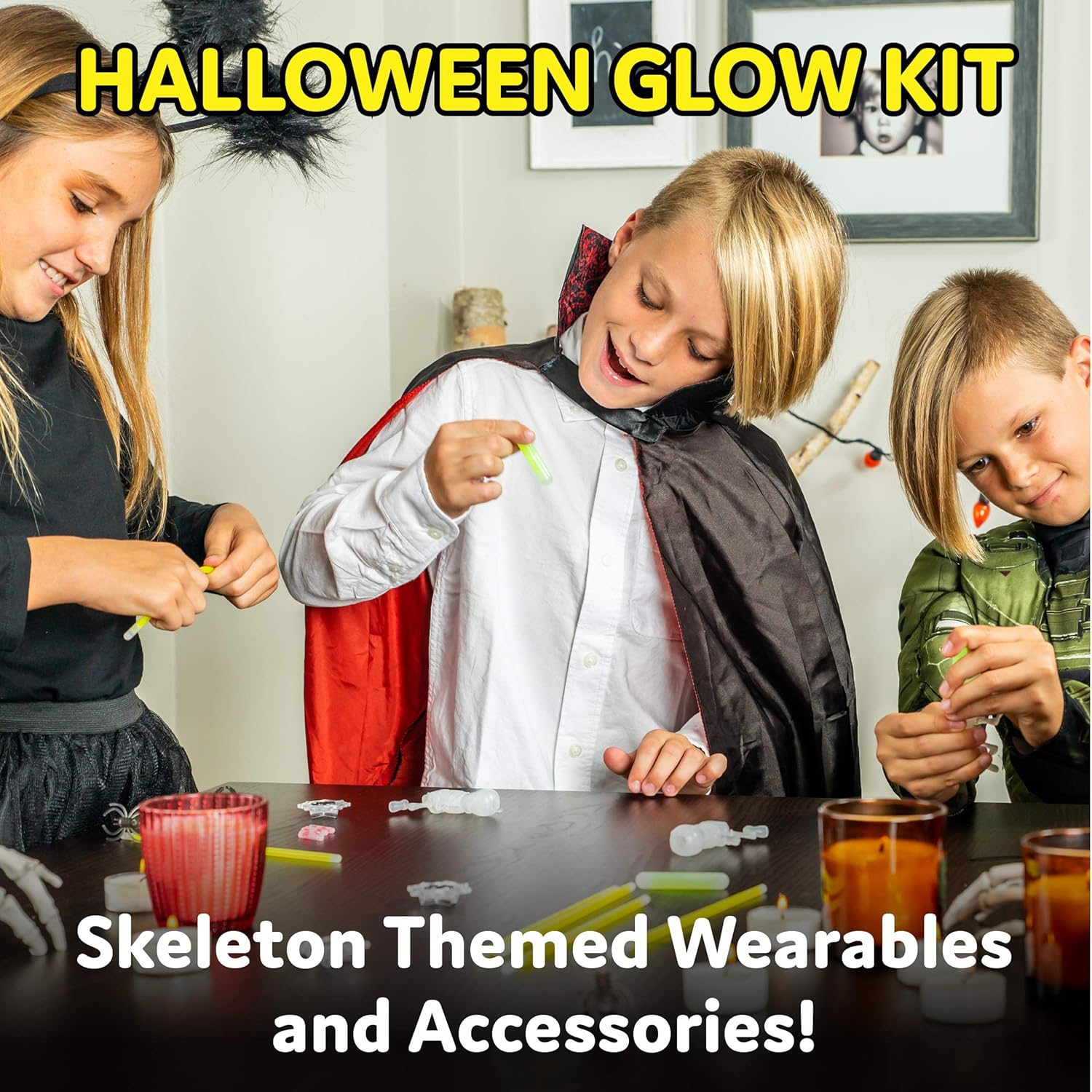 PartySticks Glow Party Skeleton Kit Party Favors for Kids - 24pk Glow in The Dark Party Decorations with 15 Glow Sticks, 3 Skeletons, 3 Spider Rings, and 3 Glow Bracelet Connectors: Toys & Games
