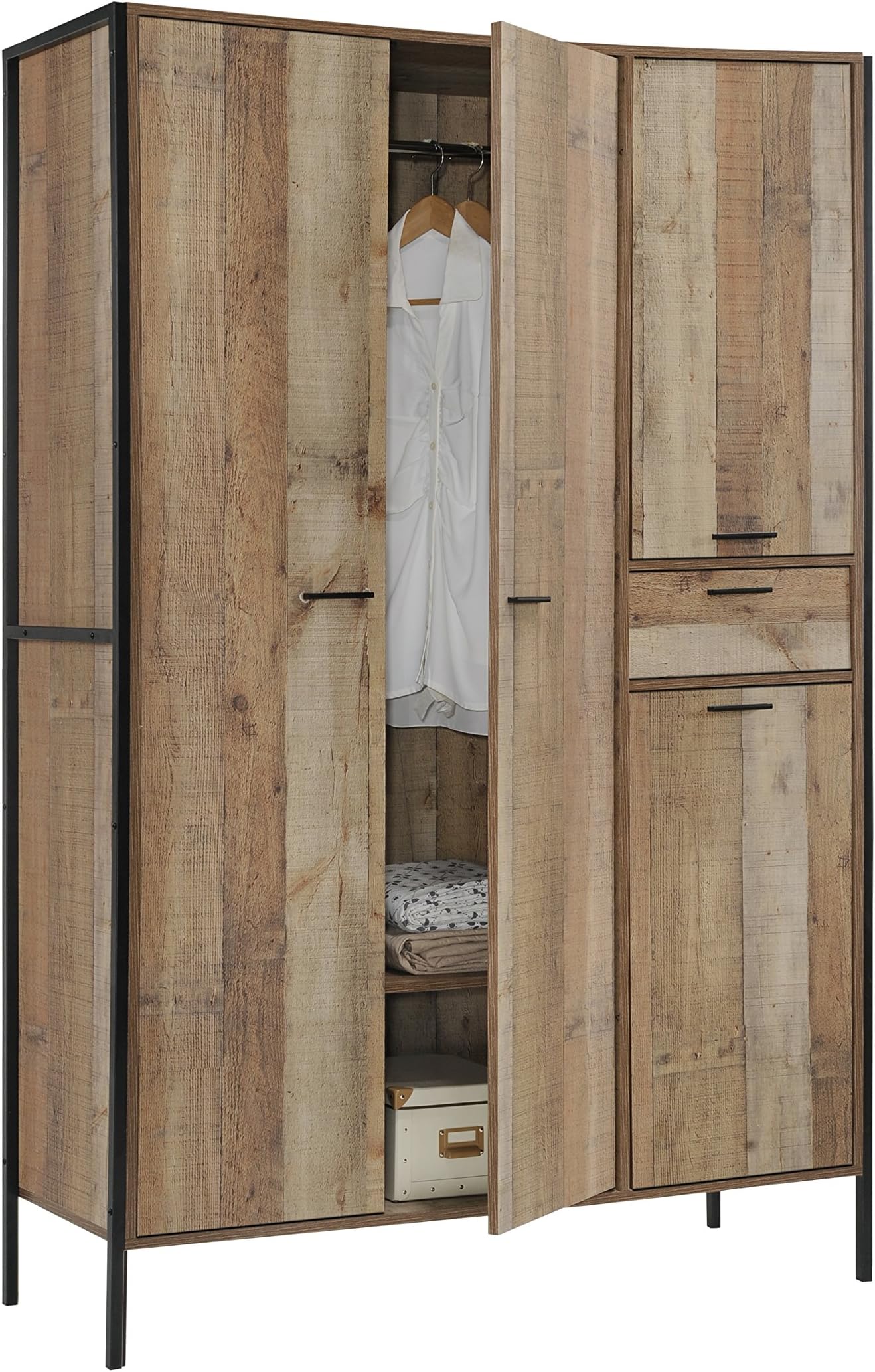 Timber Art Design Stretton Urban Bedroom Double Wardrobe with 4 Doors 1 Drawer Rustic Industrial Oak Effect