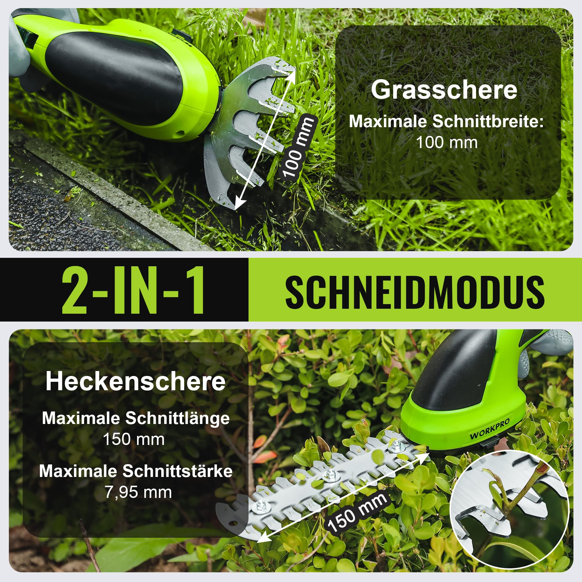 WORKPRO Gartenschere Akku 7,2V Grün, Handliche Grasschere Elektrisch 3