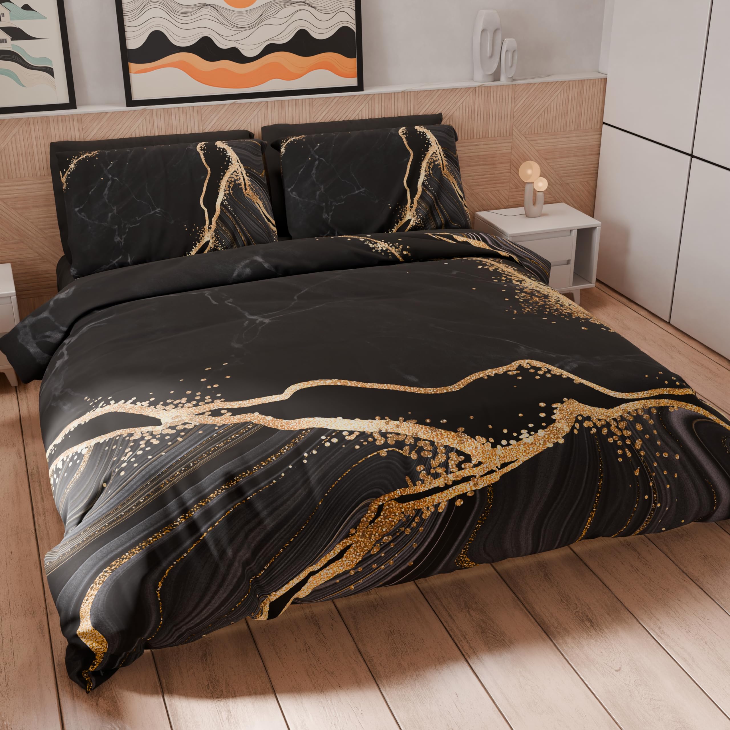 PETTI Artigiani Italiani - Single Duvet Cover 160 x 200 cm, Microfibre Duvet Cover with Digital Print + 1 Pillowcase 50 x 80 cm - Made in Italy - Marble Black