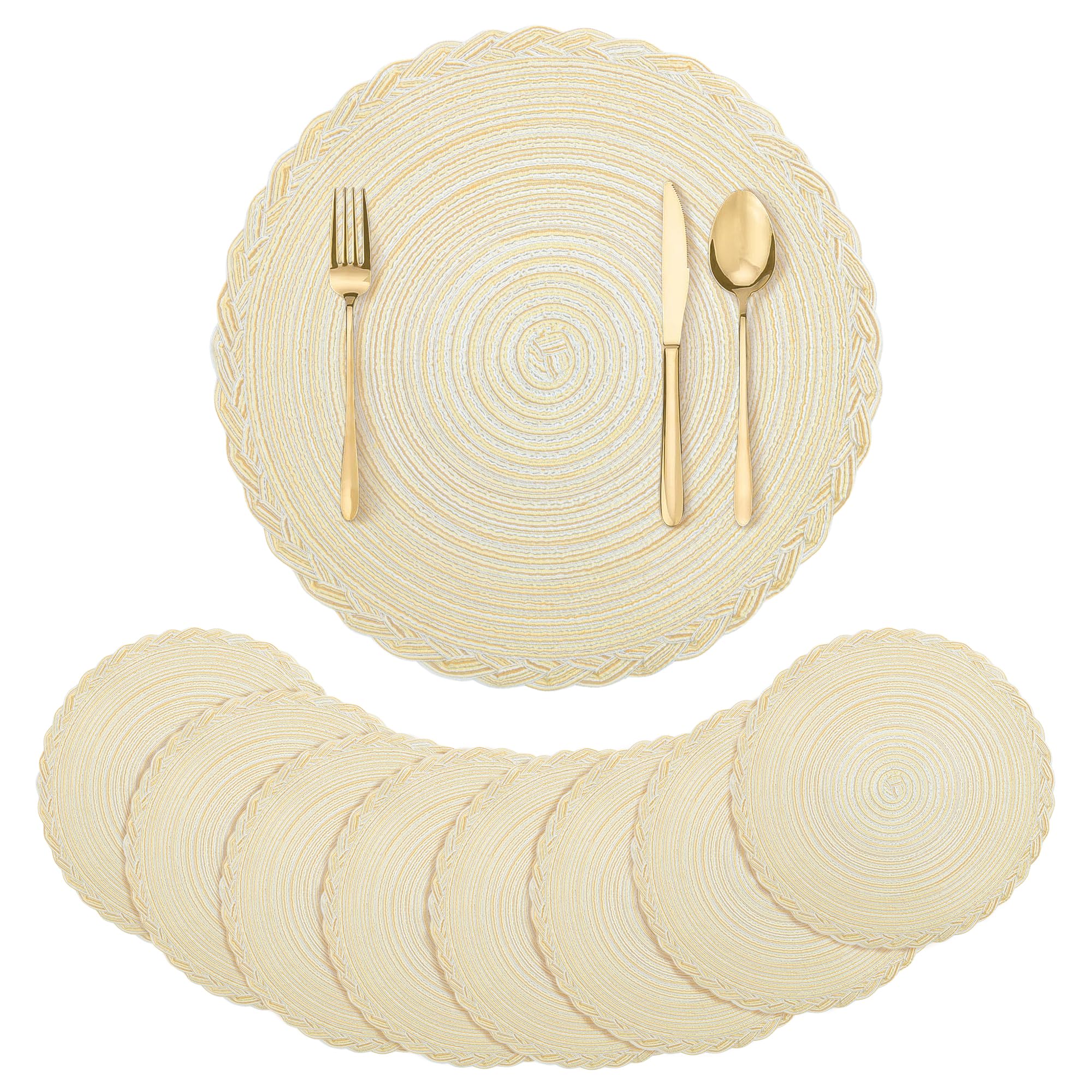 fanquare Round Set of 8 Placemats, Beige Modern Braided Place Mats, Heat Resistant Easy Clean Table Mats for Home Party Christmas, 38cm