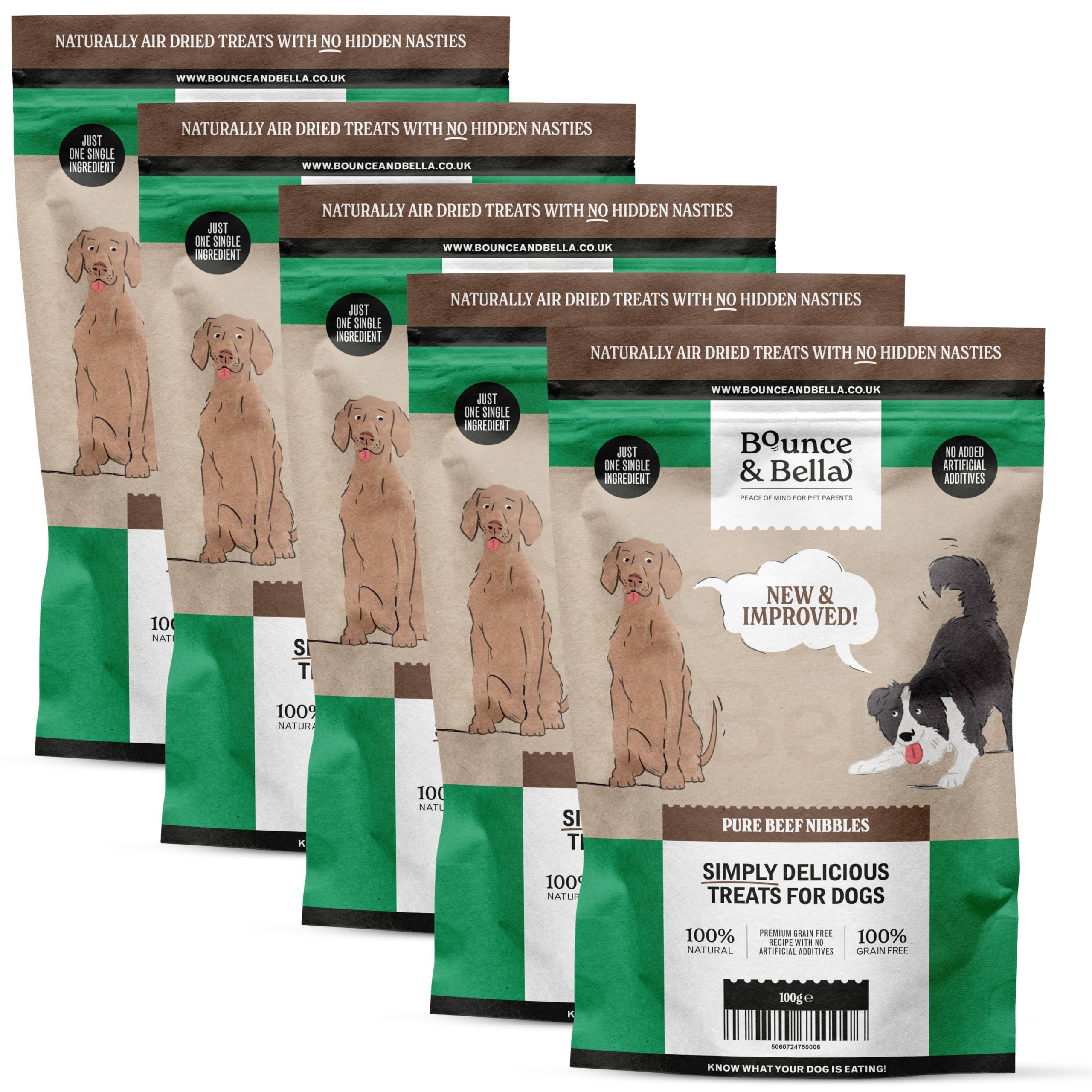 Bounce and Bella Pure Beef Nibbles – 100% Natural, Single-Ingredient, Grain-Free Dog Treats – No Nasties, Perfect for Puppies & Dogs of All Ages (5 Pack)