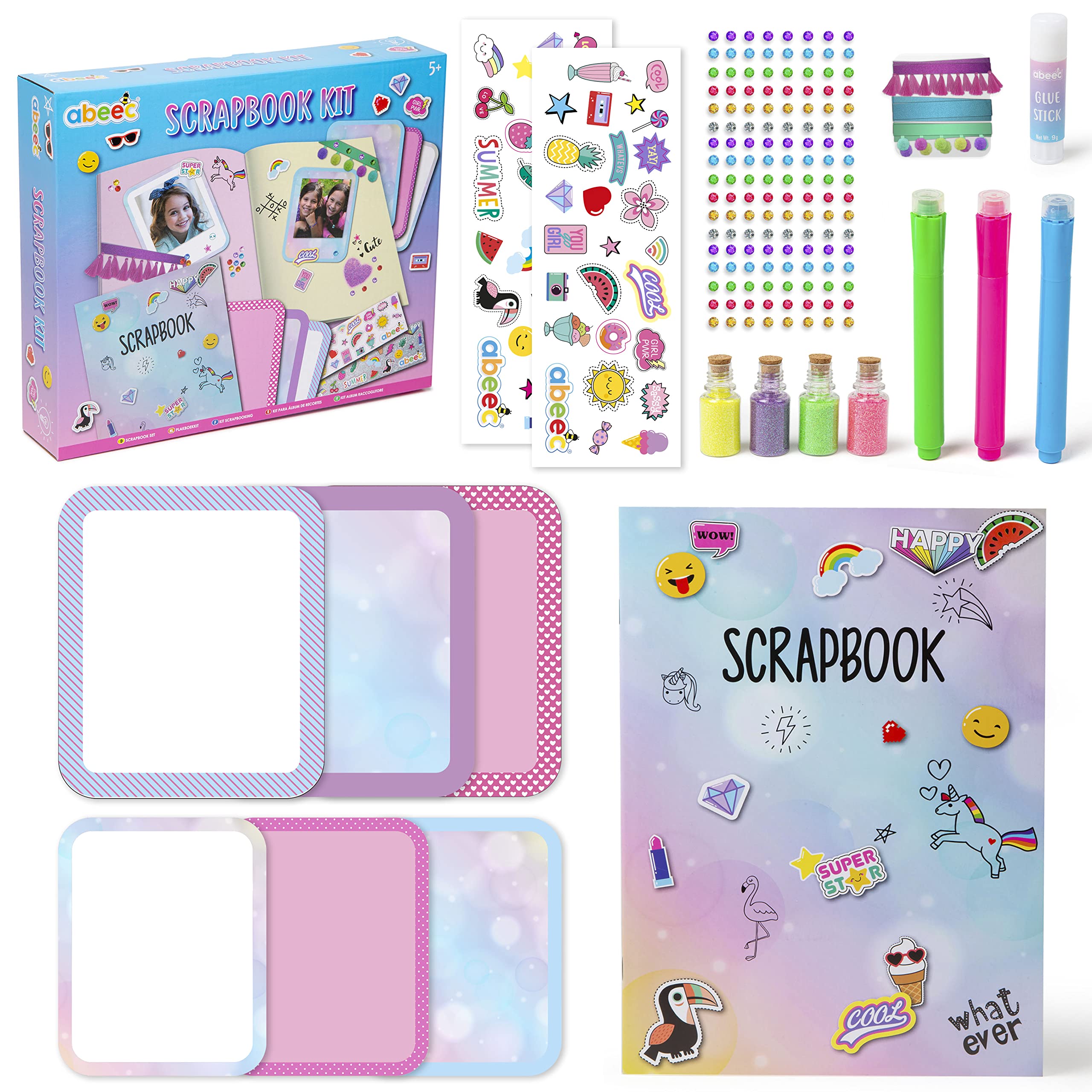 abeec Scrapbook Kit - Scrapbook Accessories Kit Containing Stickers, Glitter, Gems, Ribbon Scrapbook Paper and More - Craft Kits for Kids 5+ with Scrapbook Supplies