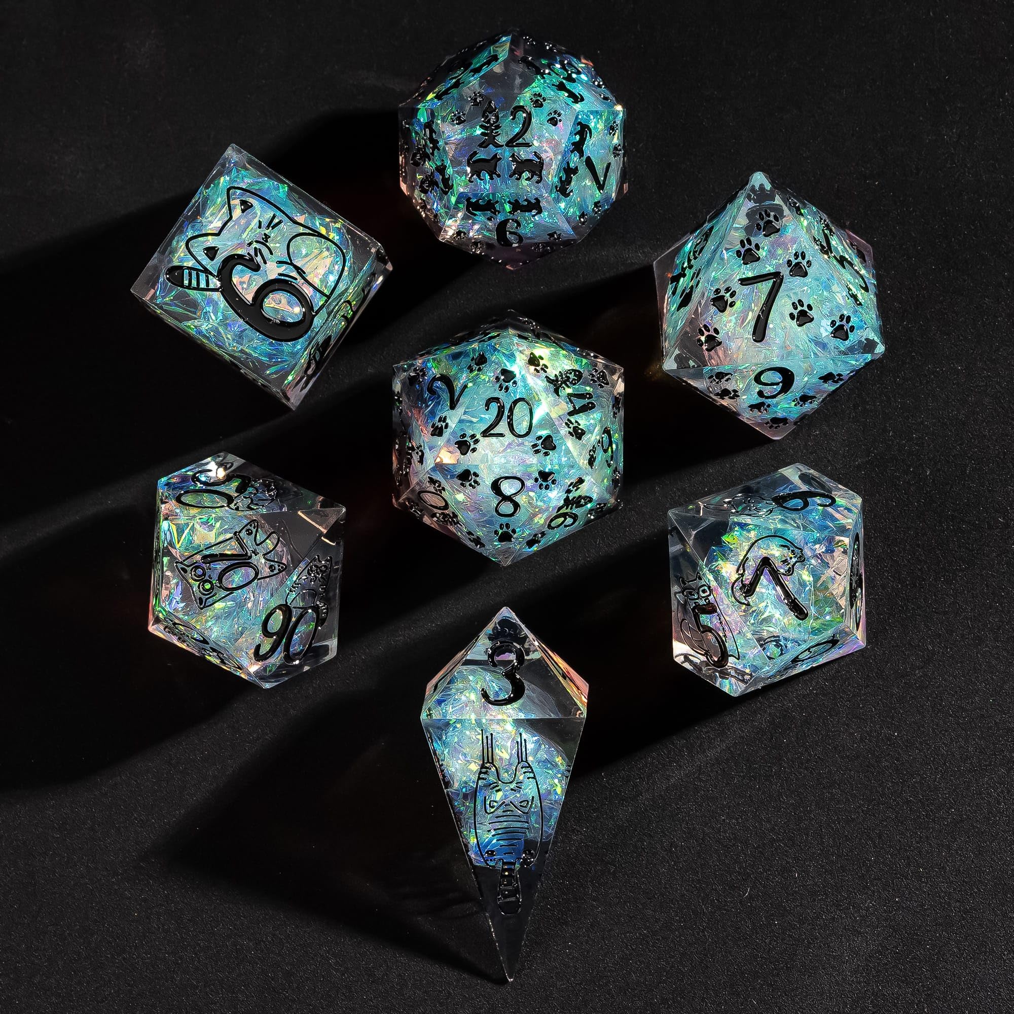 Cusdie Sharp Edges DND Dice, 7 PCs D&D Dice, Handcrafted Polyhedral Dice Set, for Dungeons and Dragons Role Playing Game (Transparent w/Cat Pattern) — image 1