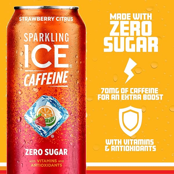 SPARKLING ICE CAFFEINE, STRAWBERRY CITRUS SPARKLING WATER WITH CAFFEINE, ZERO SUGAR, WITH ANTIOXIDANTS AND VITAMINS,16 FL OZ CAN (PACK OF 12)