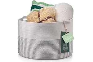 RUBOXA Decorative Jumbo Blanket Basket for Living Room - 100% Cotton Rope Woven Basket for Storage with 2 Easy Carry Handles, Holds up to 40Lb - Ideal for Pillows, Blankets, Laundry Hamper & Baby Toy Bin.