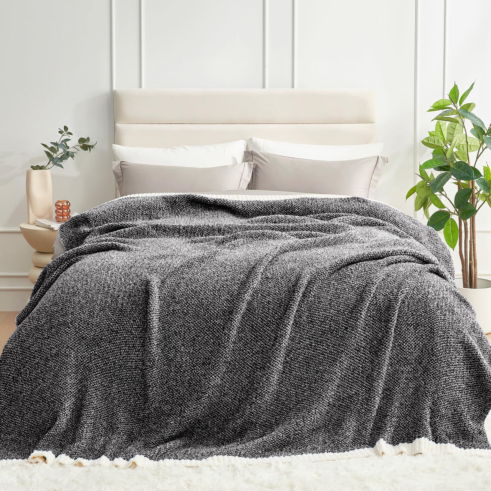 Photo 1 of Snuggle Sac Queen Size Bedding Blanket Black, Super Soft Warm Cozy Bed Blankets Oversized Fuzzy Plush Blankets for Bed, Bedroom, Heather Black, 90x90 inches