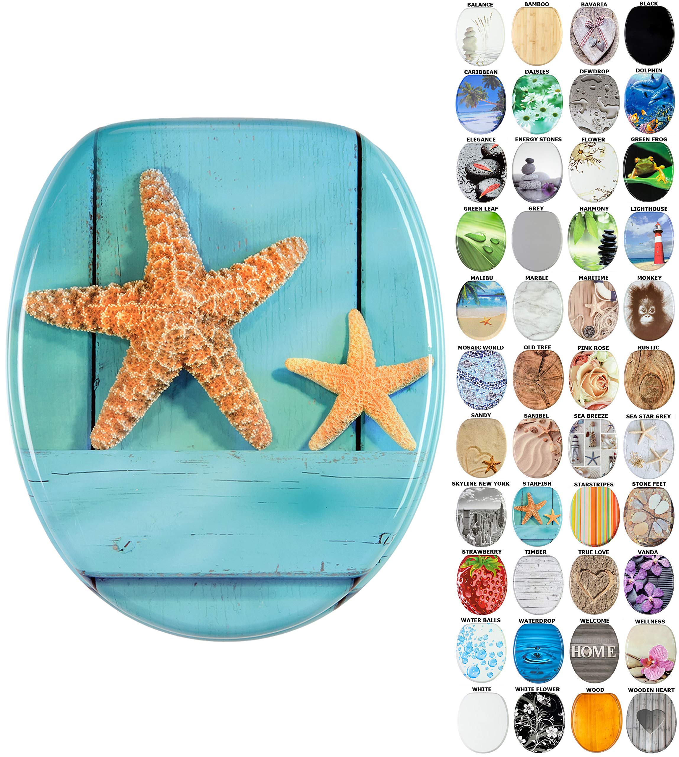 Sanilo Soft Close Toilet Seat, Wide Choice of New Toilet Seats, Stable Hinges, Easy to Mount (Starfish)