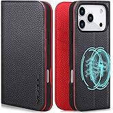 VISOUL Pebbled Leather Wallet Case for iPhone 17 Pro 6.3” 2025, Genuine Leather Flip Folio Cover, RFID Blocking Card Holders, Kickstand, Soft TPU Shell, Protective Flip Cover -Black+Red