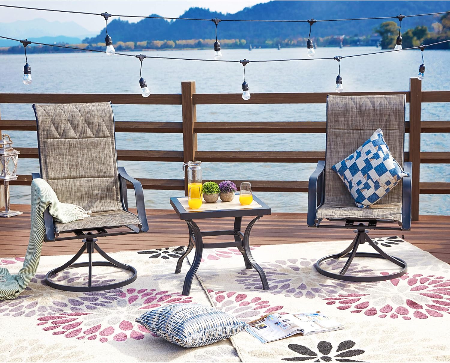 LOKATSE HOME 3 Piece Patio Rocking Set with 2 Outdoor Swivel Chairs and 21" Square Dining Table, Grey : Garden & Outdoor