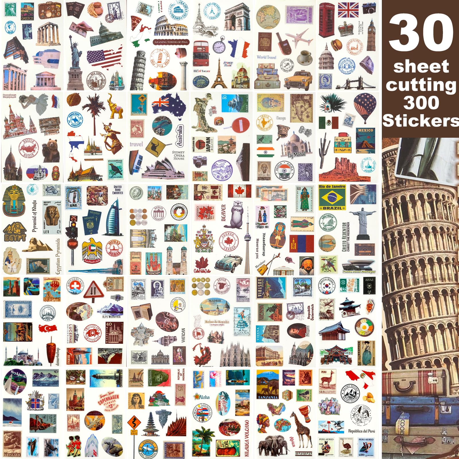 Scrapbook Stickers - 300 Pre-Cut Washi Stickers & 20 Scrapbook Papers for Travel Journaling