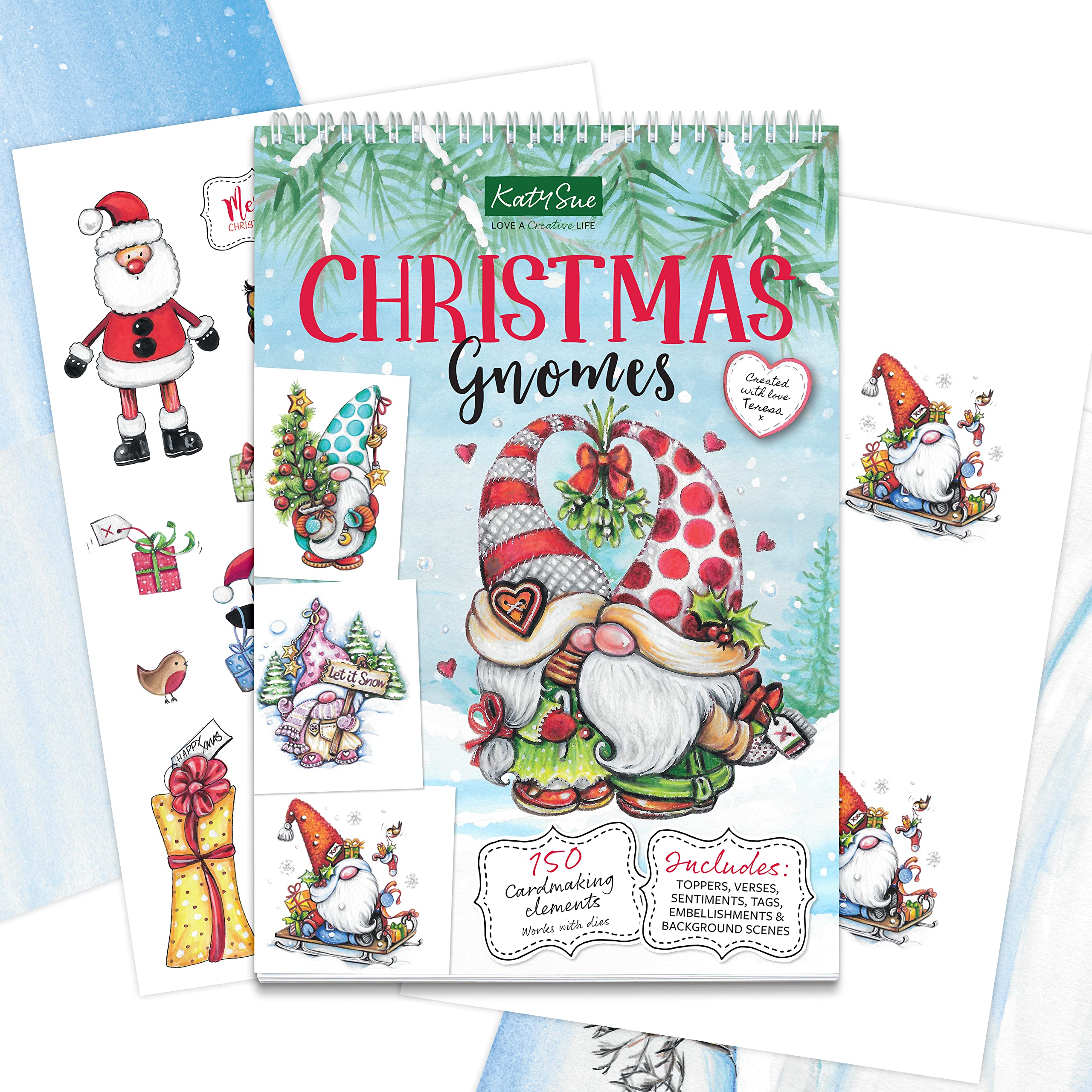 Katy Sue Christmas Gnomes Paper Craft Pad for Christmas Card Making. Contains Over 150 Gnome-Themed Elements, Toppers, Verses, & Embellishments (Not Die-Cut or Pre-Cut)