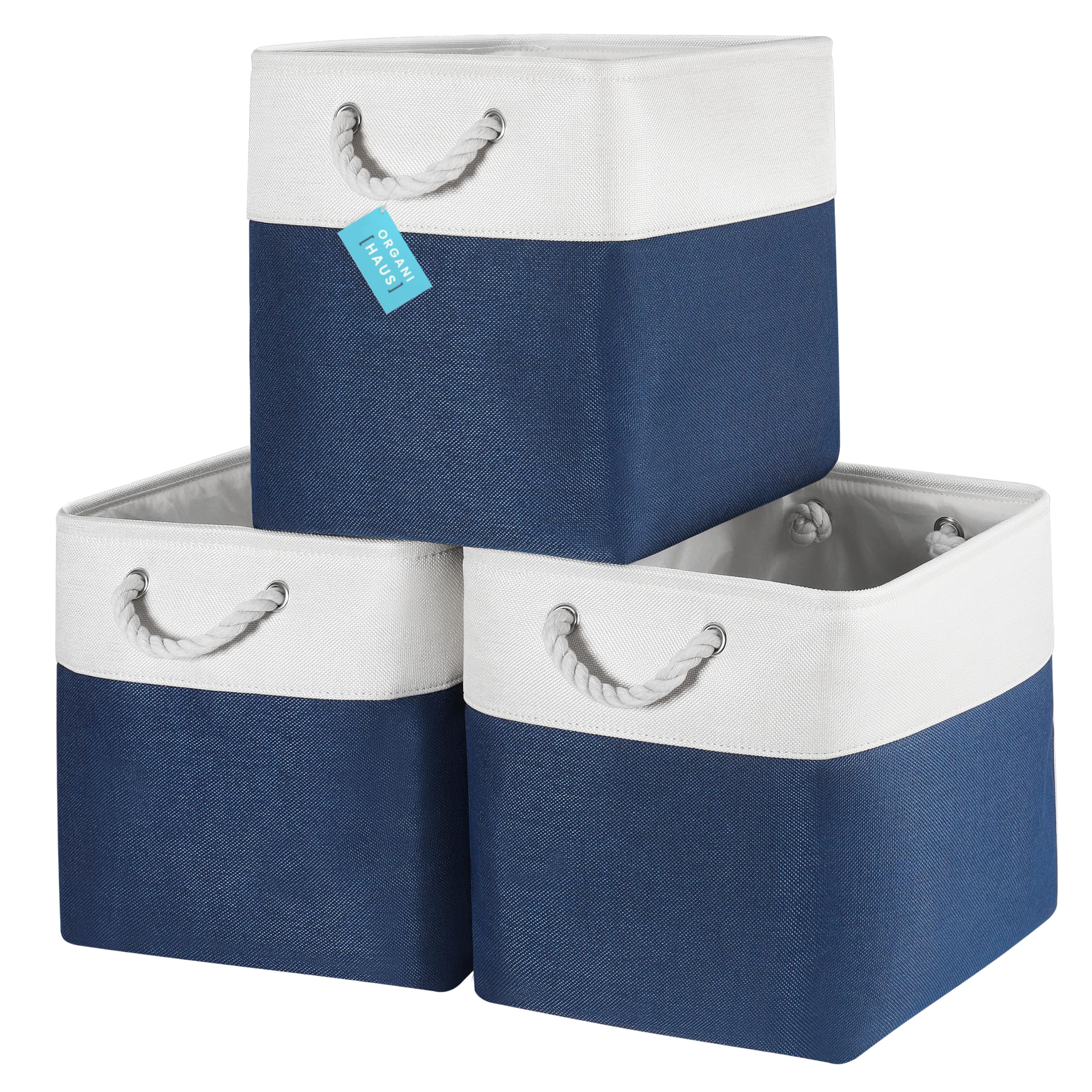 OrganiHaus Fabric Storage Boxes, Set of 3 Foldable 33X33 Cube Organiser Bins with Rope Handles for Shelves, Nursery & Closet, Collapsible Storage Baskets for Toys, Clothes & More - Navy Blue/Off-White