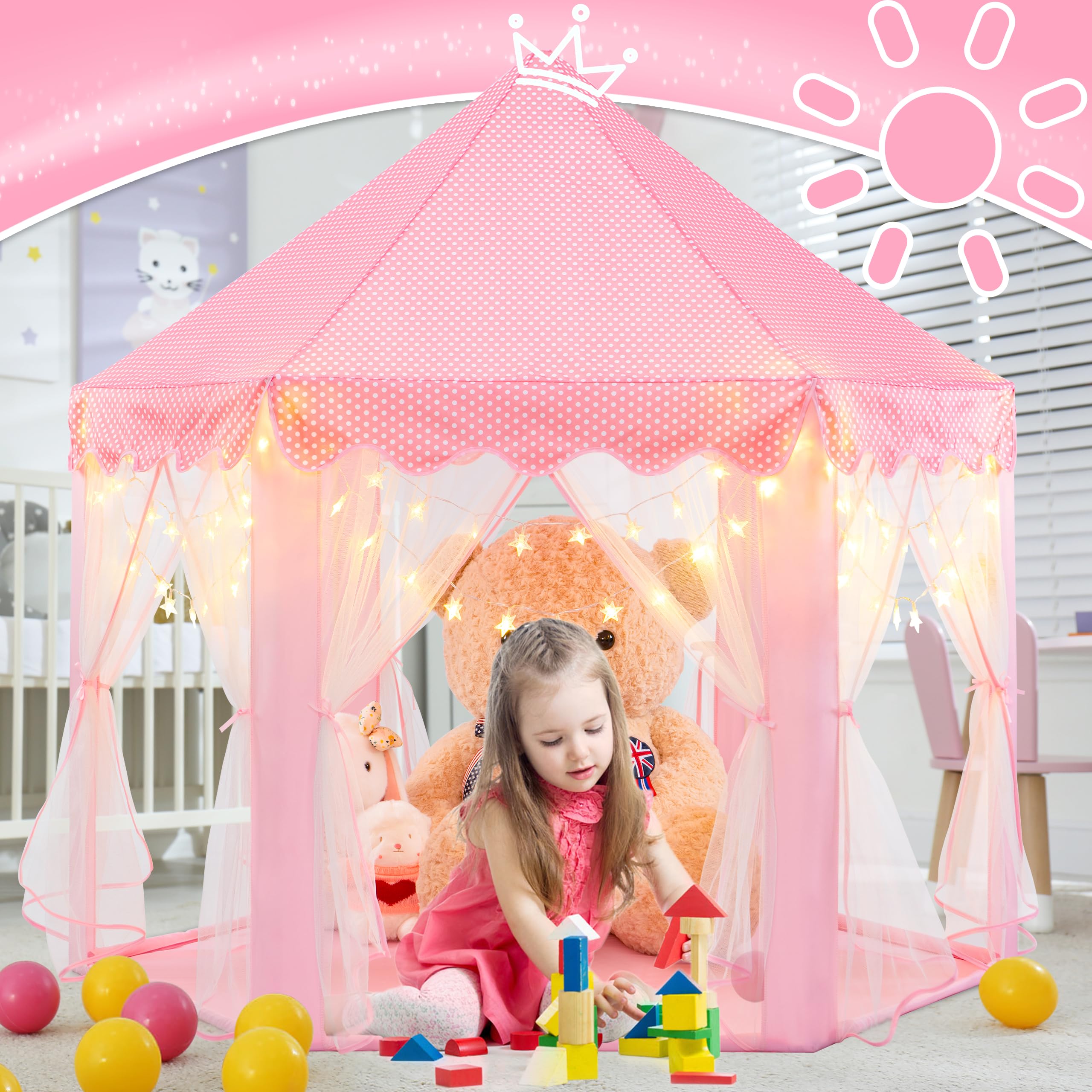 EVOIONOS Princess Tent for Girls, Kids Play Tent with LED Star Lights, Castle Playhouse for Children Indoor Outdoor Games, 55X53 inches, Pink