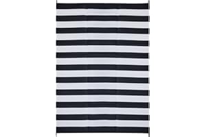 FH Home Outdoor Camping Rug - Waterproof, Fade Resistant, Reversible - Premium Recycled Plastic - Striped - Large Patio, Deck, Sunroom, RV - Brittany Stripe - Black & White - 9 x 12 ft Foldable