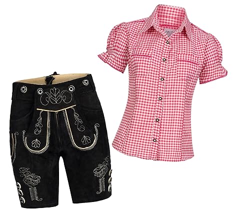Damen Set Trachten Lederhose Shorts schwarz kurz + Träger + Trachtenbluse Mala kariert versch. Farben, Marke Gaudi-Leathers