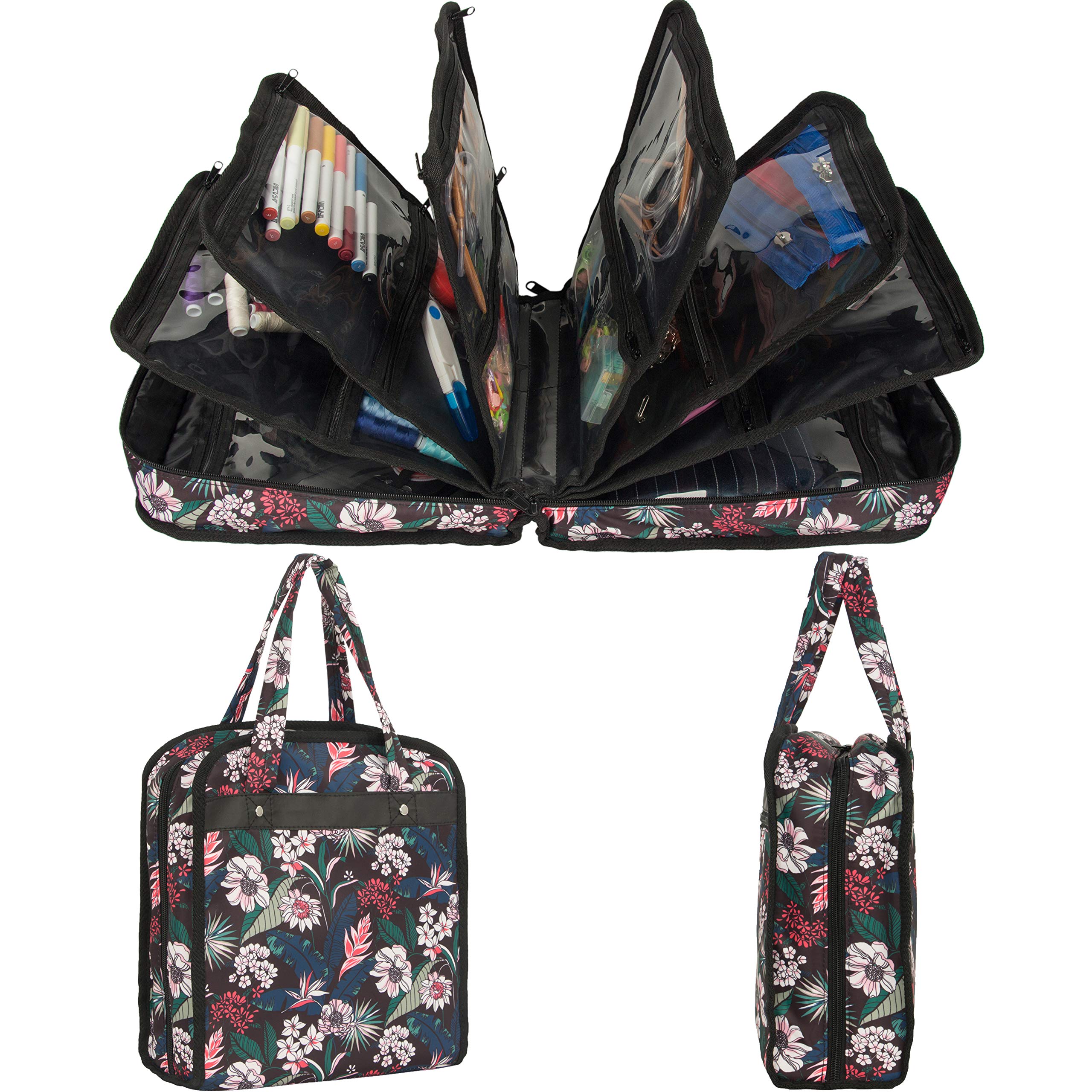 PACMAXI Sewing Accessories Storage Bag, Knitting & Craft Tools Organizer, Roomy Carrying Bag for Sewing Tools and Accessories (Flower with Black Background)