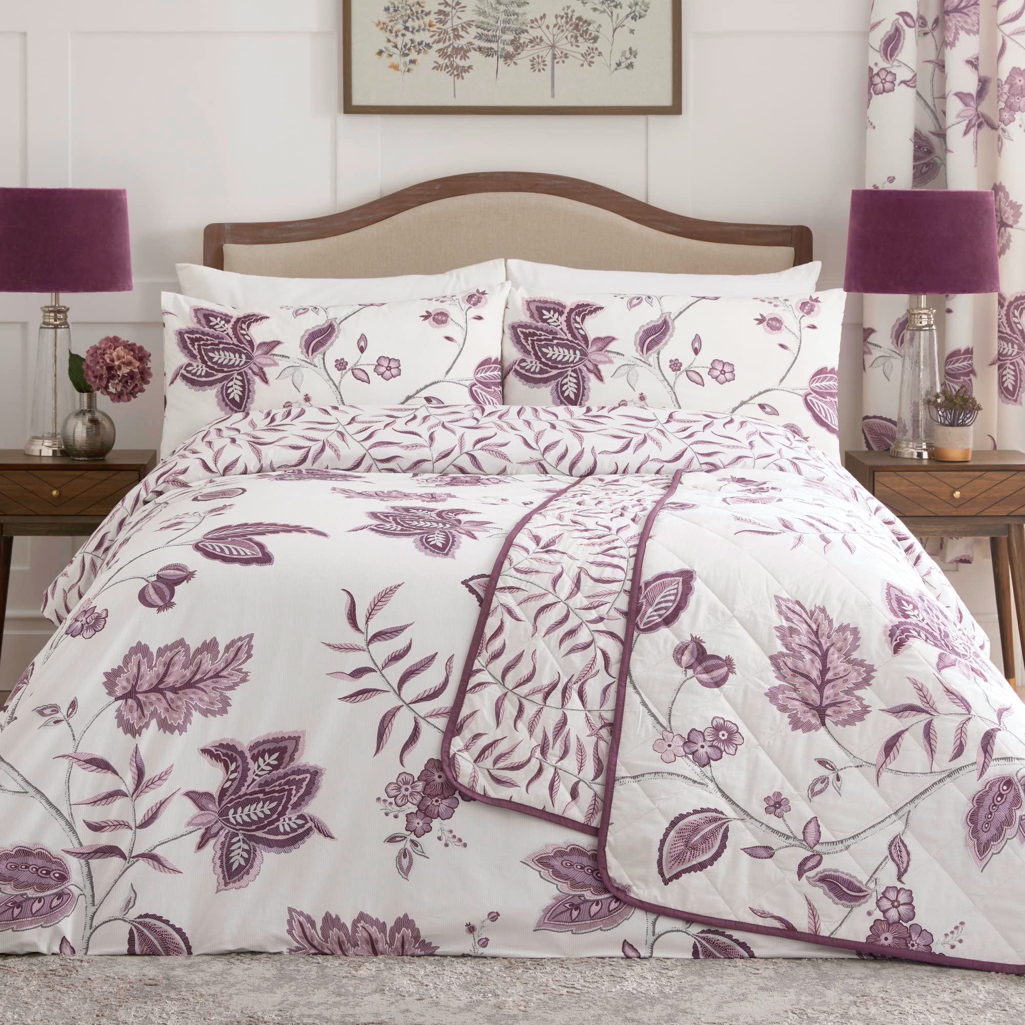 Dreams & Drapes Plum Damask Duvet Cover Set – Single Size 140x200cm – White & Purple Floral Bedding – Vintage Style – Soft Polycotton – Includes Pillowcase – Traditional Bedroom Decor