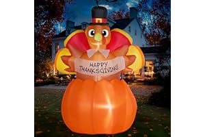 JOIEDOMI 6FT Thanksgiving Inflatables Turkey on Pumpkin Outdoor Decorations, Light Up Inflation Turkey Pumpkin with LED, Happy Thanksgiving Blow Ups for Outside Decorations Yard Garden Lawn Party
