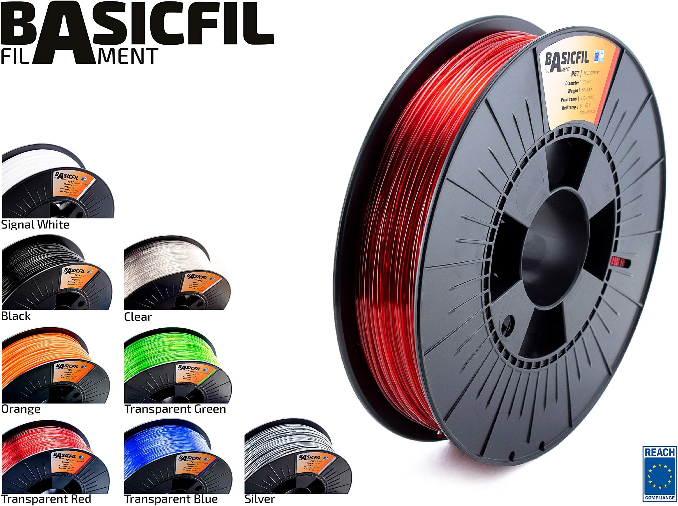 BASICFIL PET 1.75mm, 500 gr, 3D printing filament , Transparent Red