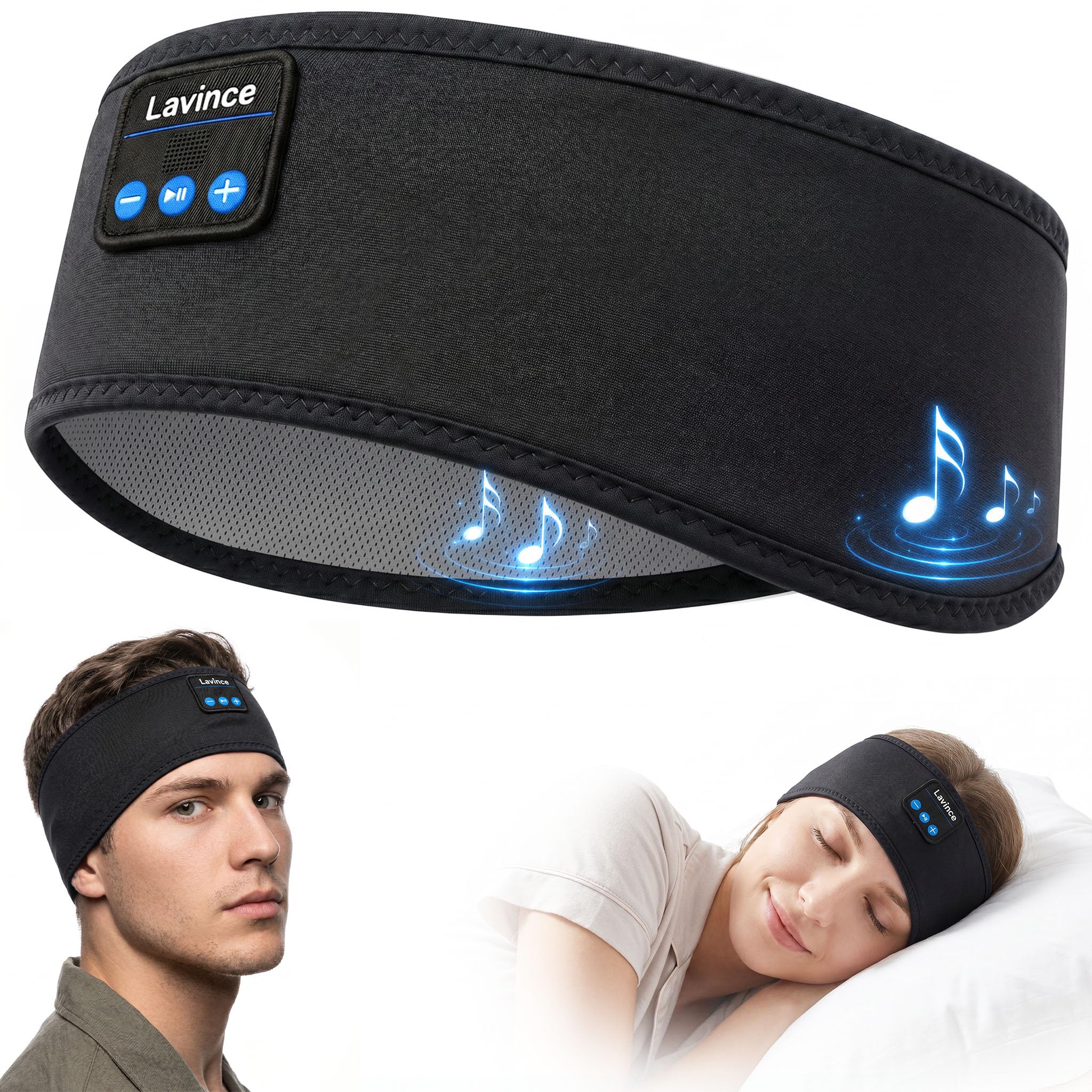 Lavince Sleep Headphones Diadema, Bluetooth 5.4 Auriculares para dormir para personas que duermen de lado, Auriculares inalámbricos con diadema con altavoces estéreo ultrafinos para deportes, entrenamiento, viajes, meditación