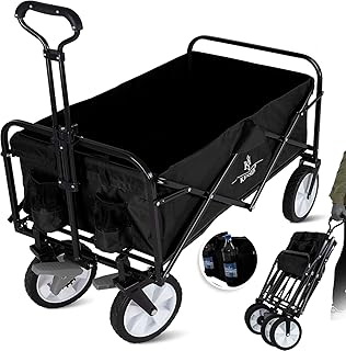 KESSER® Bollerwagen faltbar Handwagen Transportkarre Gerätewagen | inkl. 2 Netztaschen | klappbar | Vollgummi-Reifen | bis 80 kg Tragkraft transportwagen Gartenanhänger ohne Dach, Farbe:Schwarz