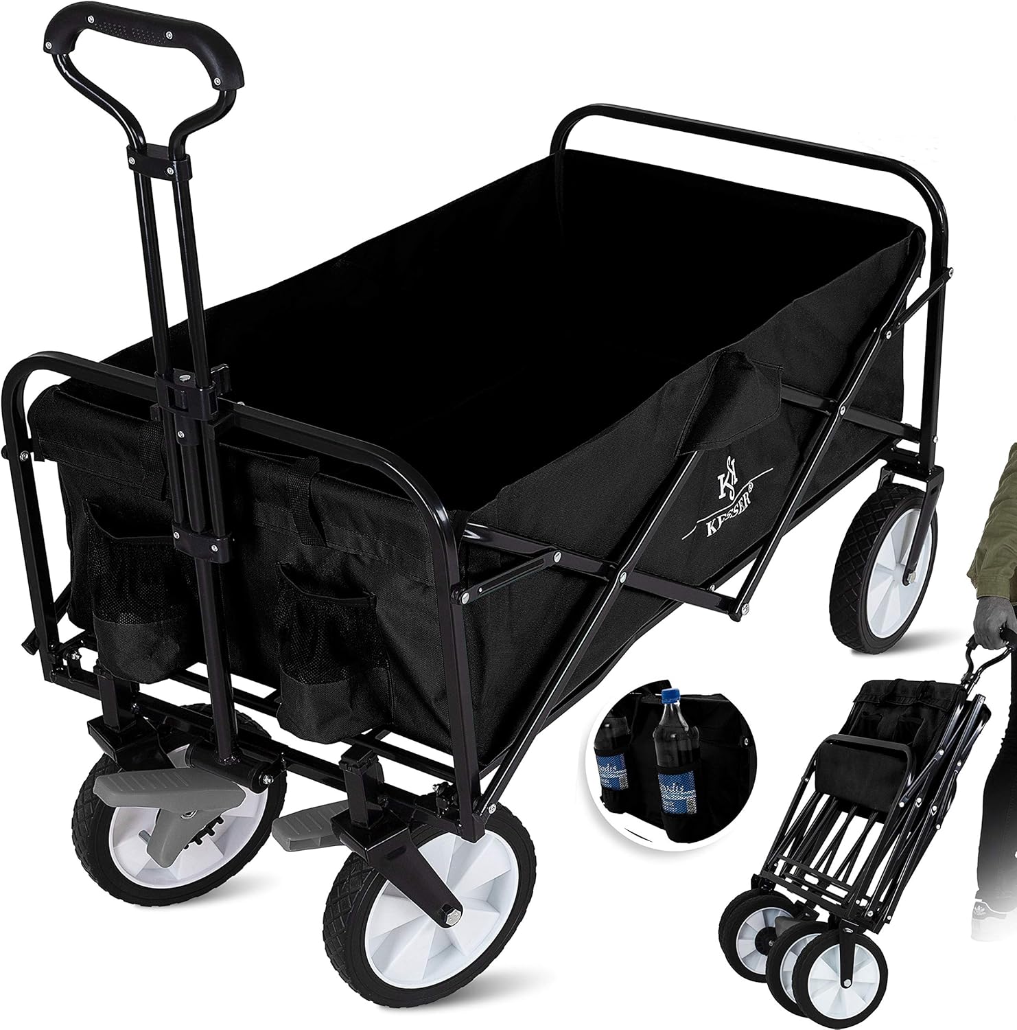 KESSER® Bollerwagen faltbar Handwagen Transportkarre Gerätewagen | inkl. 2 Netztaschen | klappbar | Vollgummi-Reifen | bis 80 kg Tragkraft transportwagen Gartenanhänger ohne Dach, Farbe:Schwarz