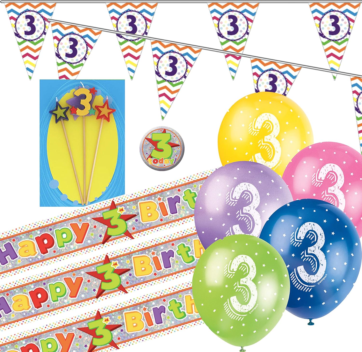 CheerstoYears 3rd Birthday Kit: 3rd Birthday Banners, Balloons, Bunting, Candle, Badge