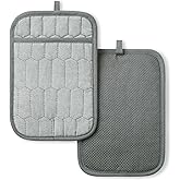 MARTHA STEWART Honeycomb Quilted Chambray Pot Holder 2-Pack Set, 100% Cotton, Flexible Non-Slip Silicone Grip, Heat Resistant, Grey, 7"X10"
