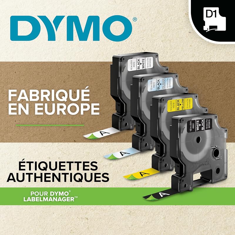 D1 Étiquette Standard, 2 Rubans, Noir sur Fond Blanc, 12 mm x 7 m