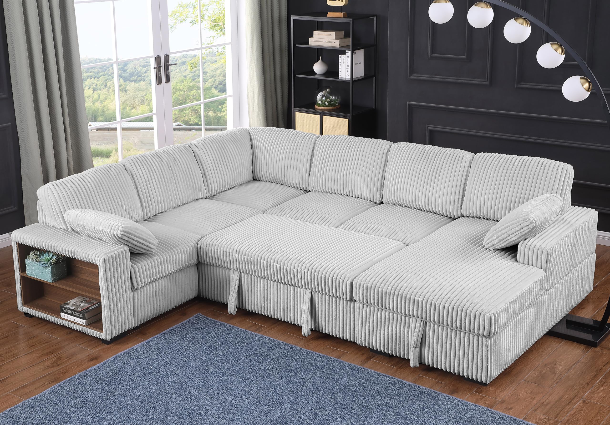 Photo 1 of ***PARTIAL SET*** Oversized U-Shaped Sleeper Sectional Sofa Modern Fluffy Corduroy Corner Convertible Sofa with Pull Out Sleeper Couch Bed ,Storage Left Chaise, Open Cabinet and Pillows for Living Room Furniture Sets