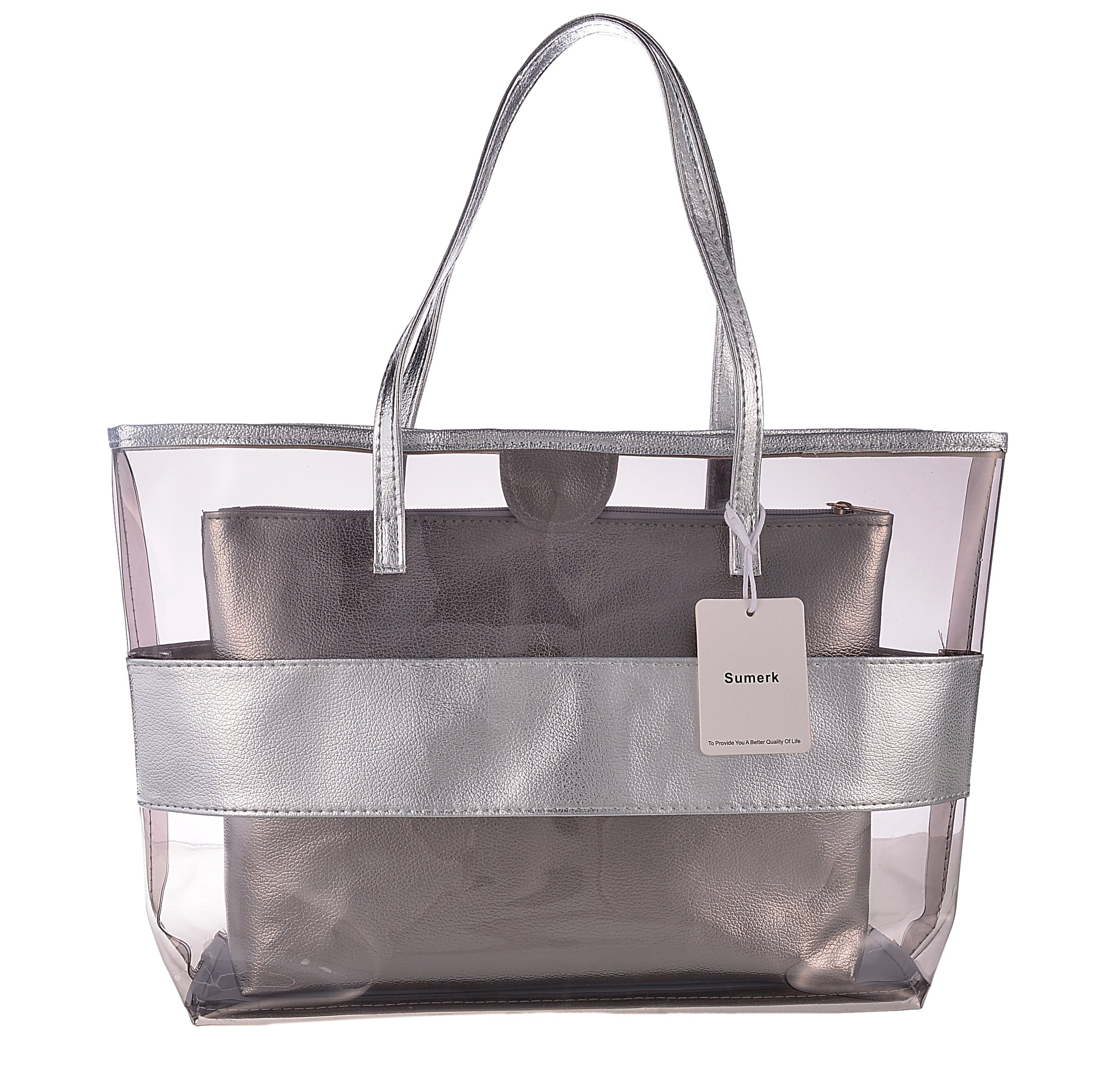 Sumerk 2 in 1 Waterproof Beach Bag Clear Tote Bags Shoulder Bags with Small Cosmetic Bag