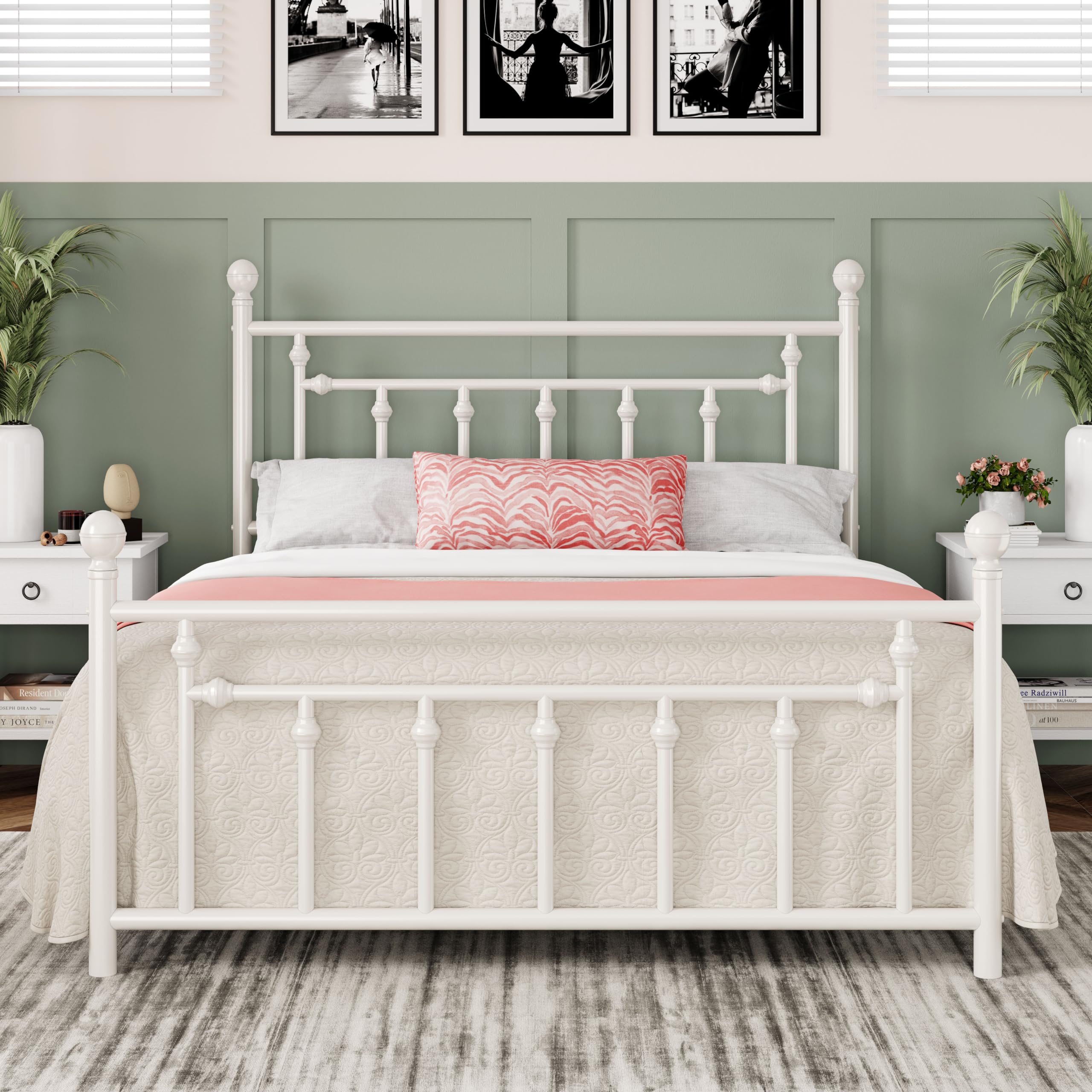 Allewie 14 Inch Full Size Metal Platform Bed Frame with Victorian Vintage Headboard and Footboard/Mattress Foundation/Under Bed Storage/No Box Spring Needed/Easy Assembly/Noise Free/White Image