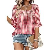 Bulotus 3/4 Length Sleeve Womens Tops Square Neck Ruffle Sleeve Blouses Dressy Casual Vacation Beach Tunic Clothes