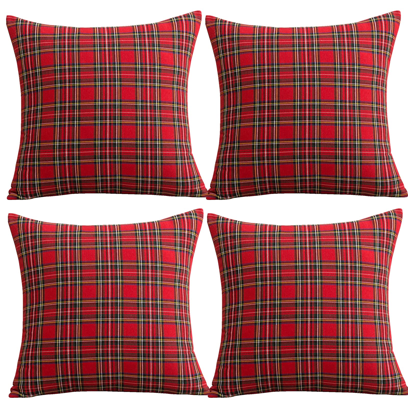 Qelus Christmas Cushion Covers set of 4, Tartan Scottish Throw Pillow Cases, Plaid Check Pillow Covers 45 x 45 cm, Soft Cotton Polyester for Car Sofa Bedroom Xmas Decoration, 18x18'', Red Small Plaid