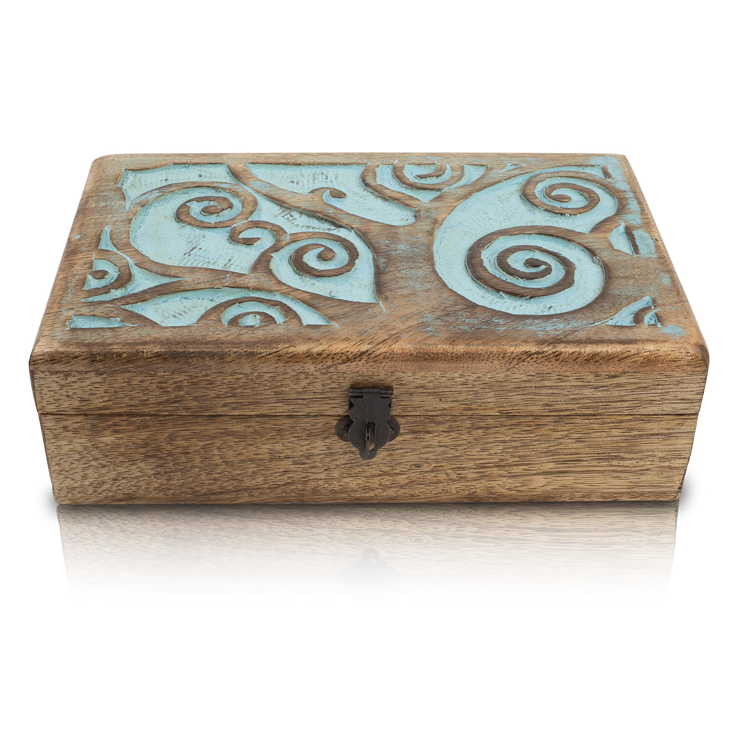 Great Birthday Gift Handmade Decorative Wooden Jewelry Keepsake Box With Tree Of Life Carving & Lock & Key Jewelry Organizer Treasure Chest Trinket Holder Watch Storage Lock Box (Blue)