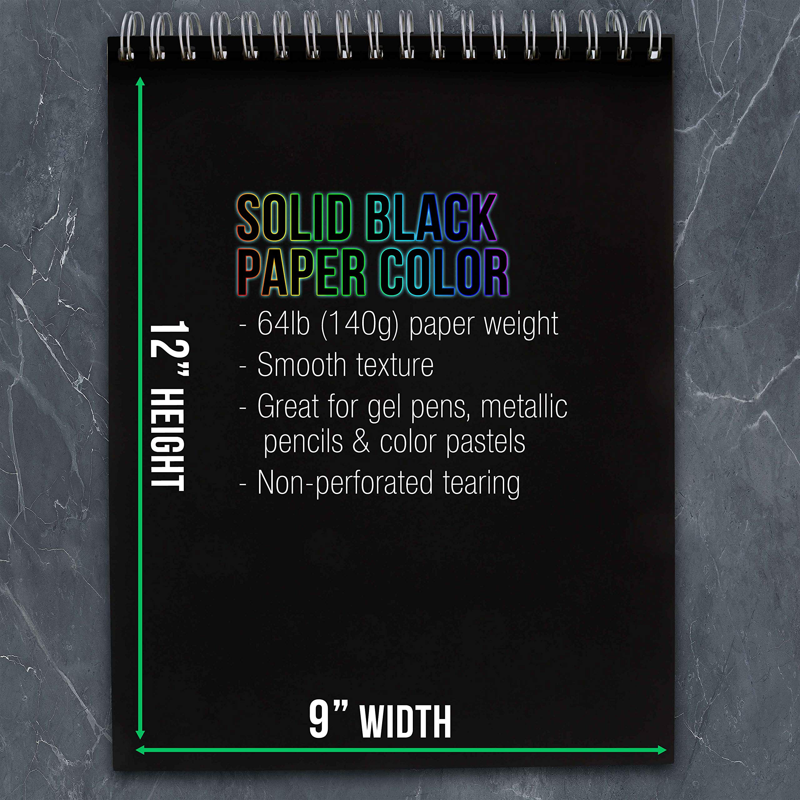 U.S. Art Supply 9x12 Premium Heavy-Weight Black Paper Sketchbook, 64lb (140gsm), 2 Pack, 30 Sheets, Spiral Bound, Black Paper Notebook for Colored Pencil, Markers, Oil Pastels, Chalk, Charcoal