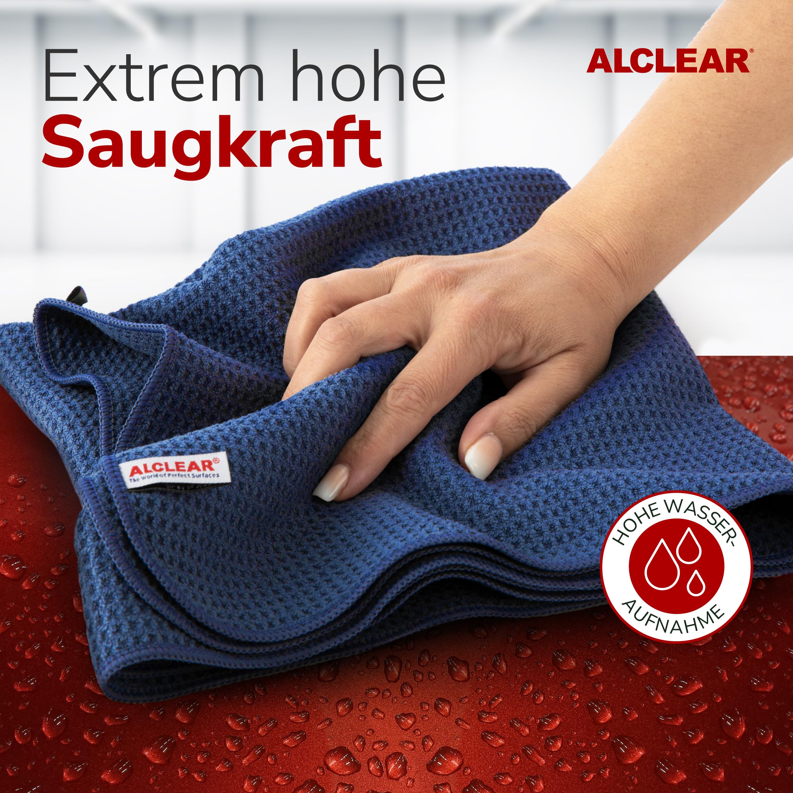 ALCLEAR 820901_2 Mikrofasertuch 2er-Set – XXL Trockentuch Auto 60×40 cm mit Waffelstruktur – saugstark, fusselfrei, kratzfrei – für Lack, Glas & Kunststoff, Designed in Germany, Autopflege Handwäsche 3