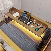 HWB Overbed Desk with Charging Station-Over Bed Table-Adjustable Length/Height with Wheels - Human Sensor LED Light Mobile Queen Size Bed Table Rolling Tray Table for Eating &amp; Laptops, Brown