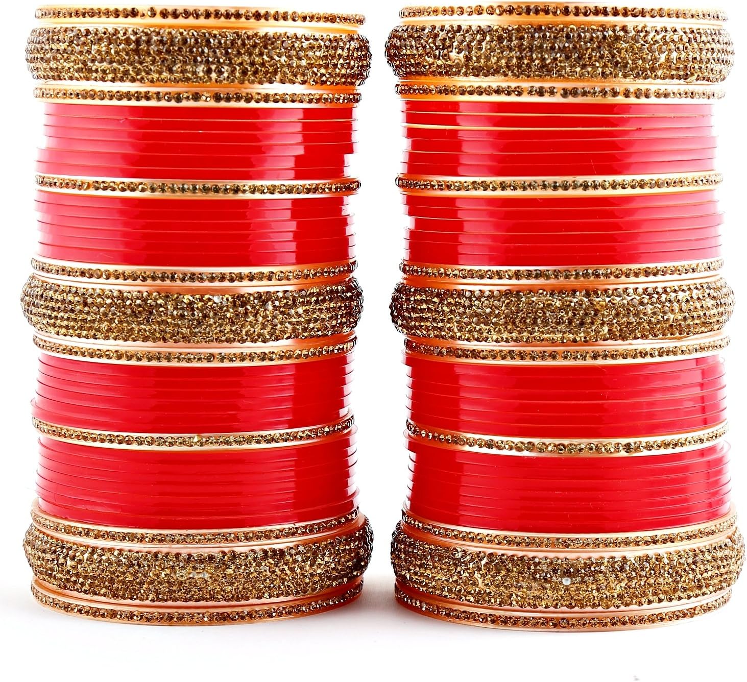 Lucky JewelleryBridal Bangle Set Dhanteras/Diwali/Bhai Dooj Collection Red Golden Stone Chura Designer Fashion Choora Punjabi Chuda Set (2310-M1C1-ML532-R)
