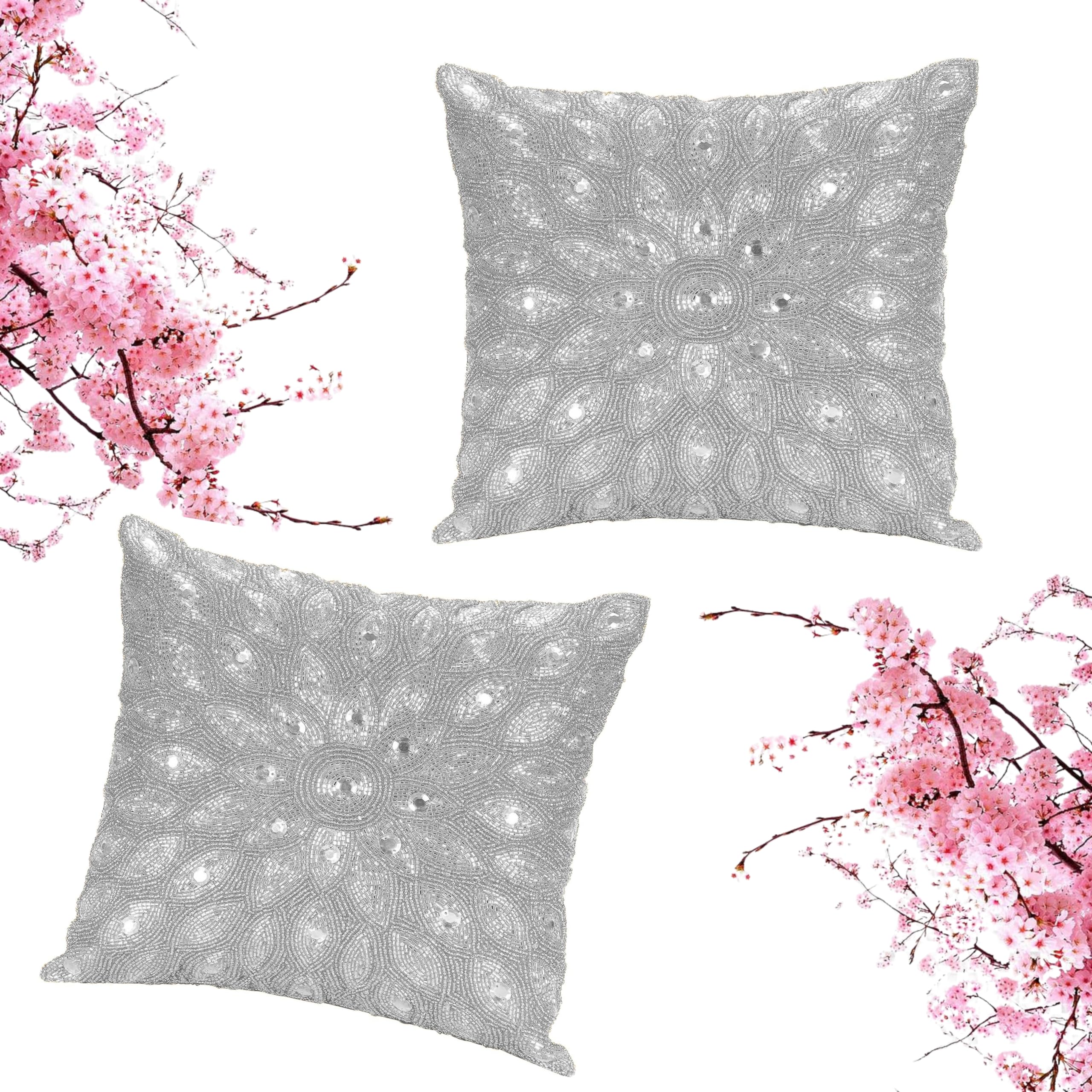 Hand Beaded Decorative Pillow Cover, Handwoven Pillow, Handmade by Skilled Artisans, A Beautiful Elegant Accessory to Dress Your Couch, Sofa, Bed - Only Cover -12x12 Inch (30x30 Cms)-Silver -2 Pack