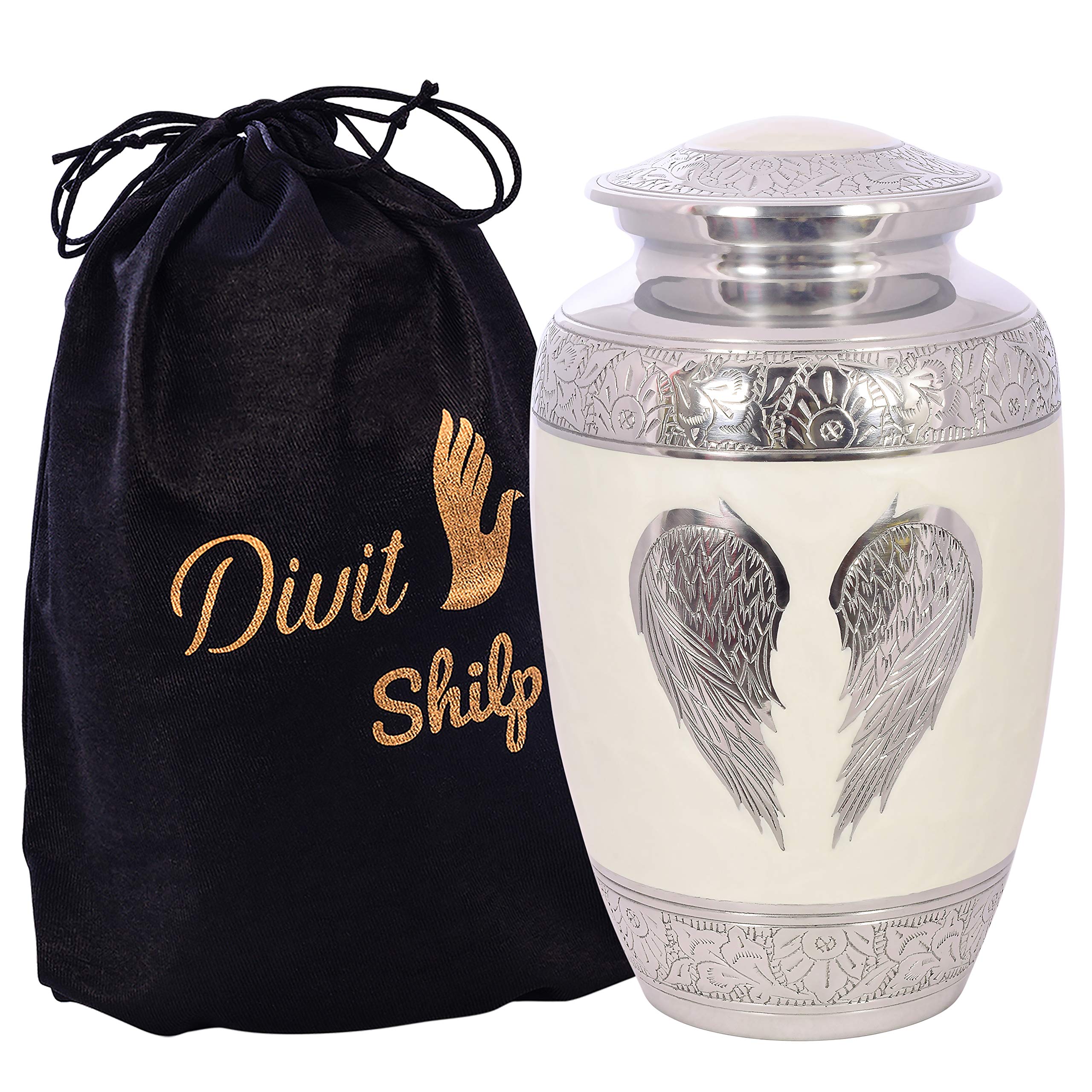 Divit Shilp Cremation Urn for Human Ashes with Velvet Bag, for Adults up to 100 kg (White Angel Wings, Adult) โ image 1